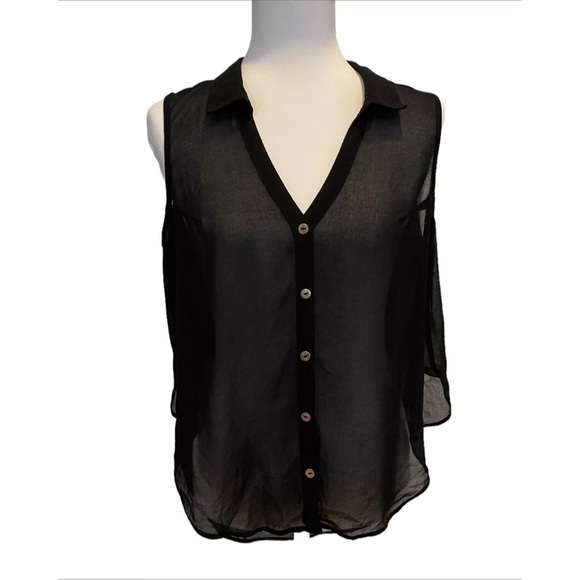 GUESS Sheer Black Sleeveless Button Down Blouse Size Medium High Low Hem Top - Picture 1 of 7